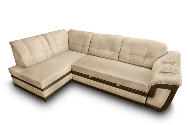 Moderno blu grande accogliente divano angolo in tessuto con cuscini e braccioli regolabili — Foto Stock