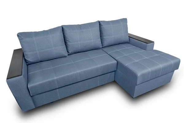 Сучасний синій великий затишний тканинний диван з подушками і регульованими підлокітниками — стокове фото