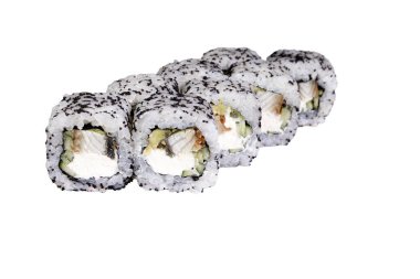 Sushi California 'da yılan balığıyla yuvarlanır. Suşi beyaz bir arka planda duruyor. Yüksek kalite fotoğraf