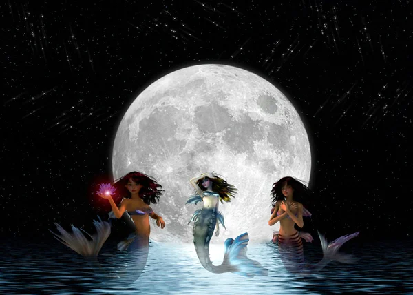 Mermaids swimming in the moonlight. — Stock Photo, Image