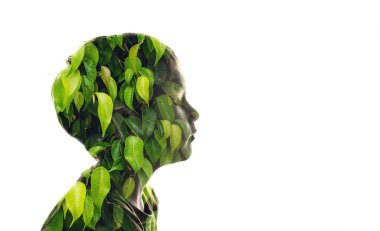 Bir çocuk yüzü silueti ve yeşil yapraklı bir resmin izole kombinasyonu. İnsanoğlu ve doğa arasındaki bağlantı kavramı, çevreye önem vermek.