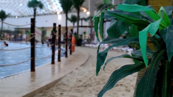 Drinnen befindet sich ein luxuriöses Hallenbad mit blauem Wasser und echtem goldenem Sand. Das Konzept von Sommerurlaub und Erholung, Reisen, Schwimmtraining: Sotschi, Russland - 17. Mai 2021. — Stockvideo