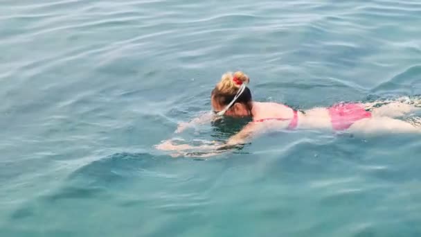 Femmina in occhiali sta praticando strisciare nuotando nel mare. Nuotatore professionista, gara di nuoto. Nuotatore anteriore strisciante. Lezioni di nuoto. — Video Stock