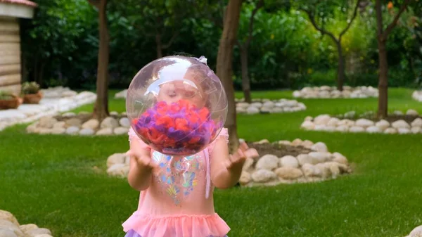 美しい面白い女の子, 3歳,彼女の頭の上に2つのポニーテールと,ピンクブルーの色の繊細で多色のドレスを身に着けています,マルチカラーで明るい透明ボールで再生されます — ストック写真