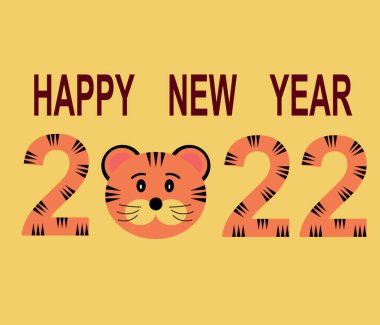 Kartpostal Mutlu yıllar ve 2020 numaralar ve sarı arka planda bir kaplan ağzı. Kaplanın yeni yılı, vektör görüntüsü