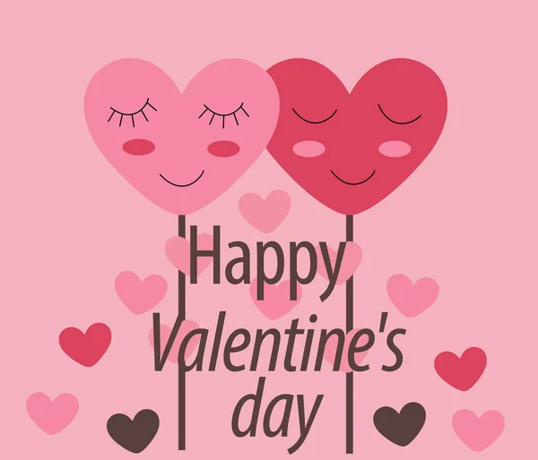 Carte de vœux Happy Valentines Day. Deux coeurs sur un bâton avec des yeux et des joues sont timides et amoureux sur un fond rose. Vecteur. — Image vectorielle
