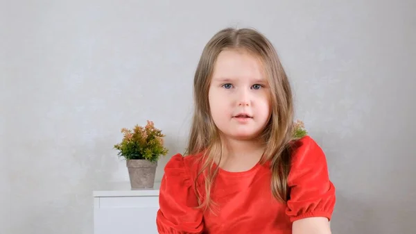 Retrato de niña dulce de 4 años en vestido rojo en casa — Foto de Stock