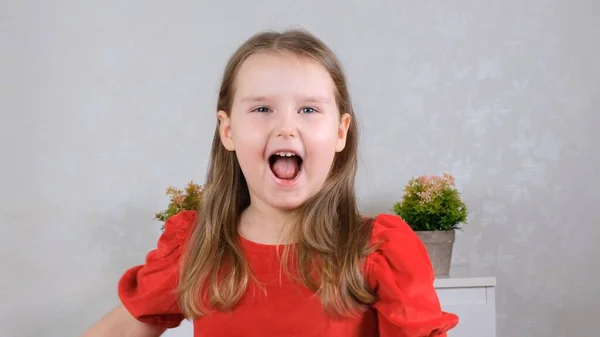 Portrait d'une petite fille riante de 4 ans en robe rouge à la maison. — Photo