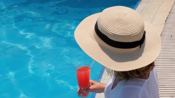 Die modische blonde Frau mit Strohhut entspannt sich und trinkt an einem sonnigen Sommertag in der Nähe des Swimmingpools einen orangefarbenen Cocktail. Sommerliche Stimmung, Urlaub, all inclusive — Stockvideo
