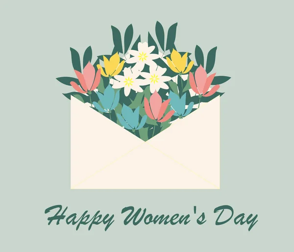 Happy Womens Day üdvözlőlap egy borítékkal, virágokkal, világoszöld háttérrel. vektor illusztráció — Stock Vector