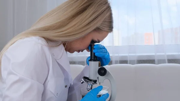 Jovem cientista assistente de laboratório olha através de um microscópio no laboratório. Um jovem cientista está a fazer alguma pesquisa.. — Fotografia de Stock