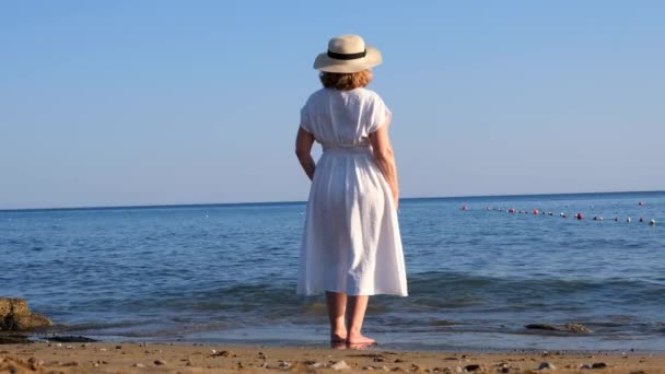Задний вид на зрелую женщину в соломенной шляпе и белом платье прогулки вдоль синего побережья моря в солнечный летний день, наслаждаясь свободой и отдыхом. Концепция типичной жизни пенсионеров. — стоковое видео