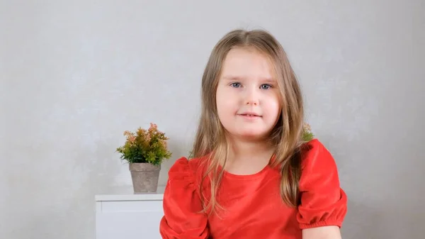 Retrato de niña dulce de 4 años en vestido rojo en casa —  Fotos de Stock