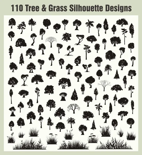 Ensemble de silhouettes vectorielles d'arbre et d'herbe — Image vectorielle