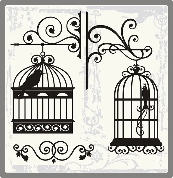Jaulas de aves vintage con decoraciones ornamentales — Vector de stock