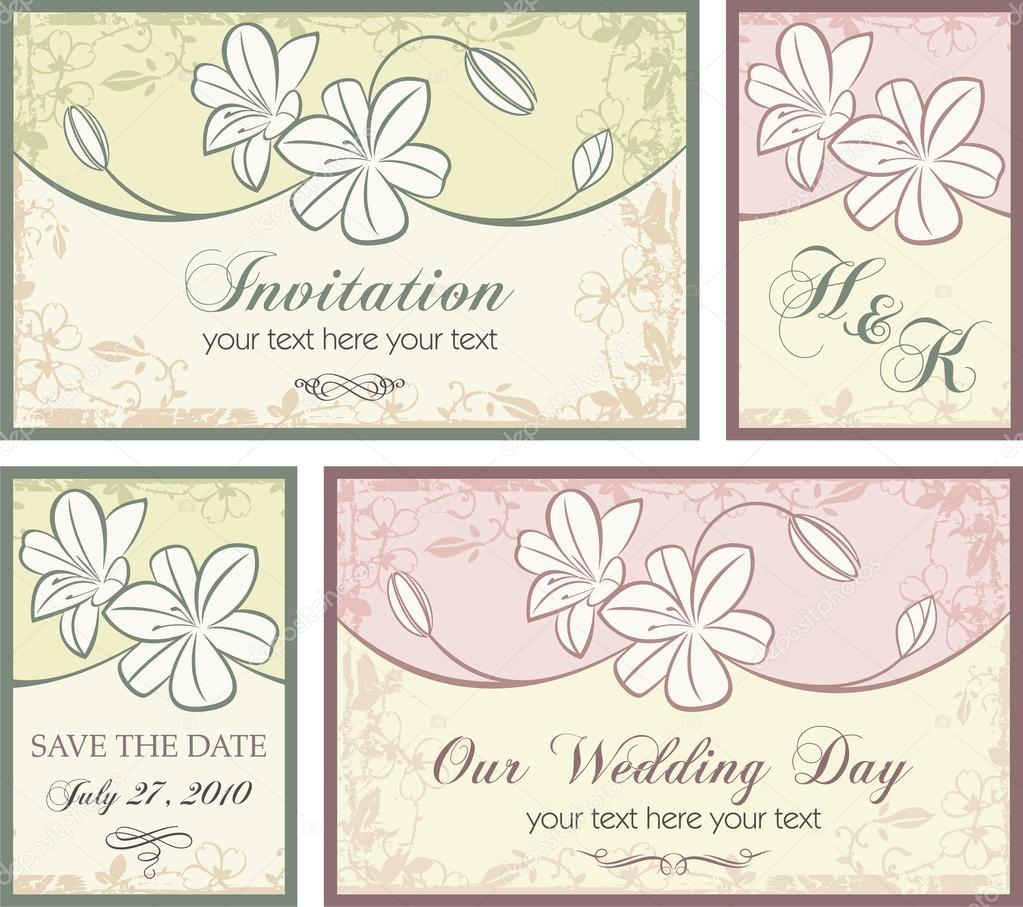 Vector set of wedding invitation designs with floral ornaments.