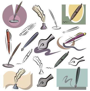 A set of vector icons of pens in color, and black and white renderings. vector