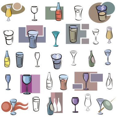 A set of glass and bottle vector icons in color, and black and white renderings. vector A set of glass and bottle vector icons in color, and black and white renderings. vector
