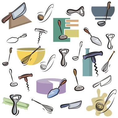 A set of kitchen utensil vector icons in color, and black and white renderings. clipart