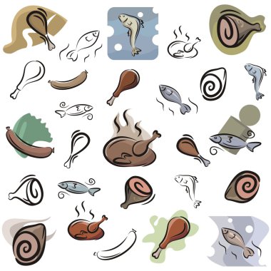 A set of meat and fish vector icons in color, and black and white renderings. vector A set of meat and fish vector icons in color, and black and white renderings. vector