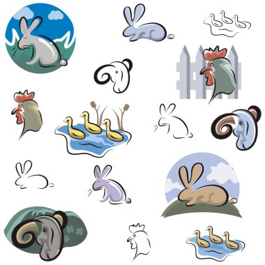 Tavşan, horoz, ördek ve ram renkli ve siyah-beyaz render vektör simge kümesi.