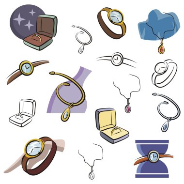 A set of jewelry and watch vector icons in color, and black and white renderings.