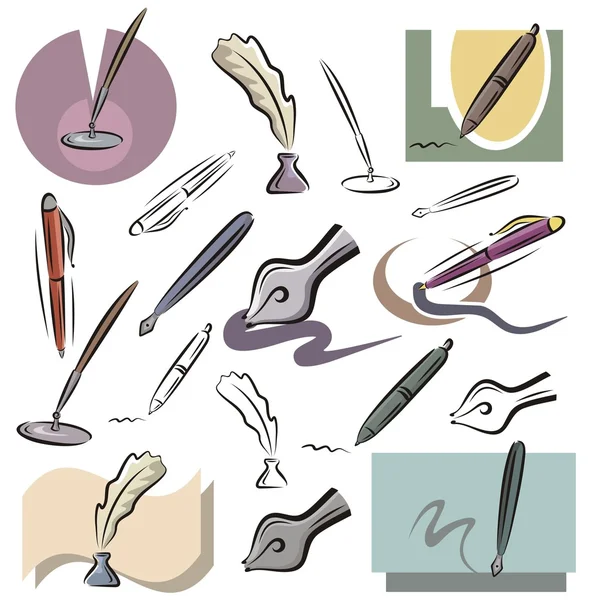 Eine Reihe von Vektorsymbolen von Stiften in Farbe und schwarz-weißen Renderings. — Stockvektor