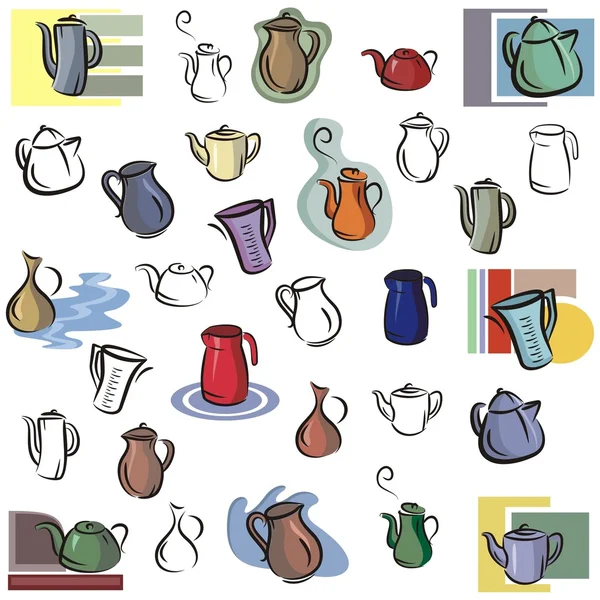 A set of vector icons of teapots, kettles and jugs in color, and black and white renderings. — Stock Vector