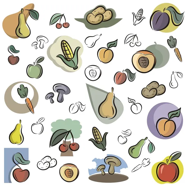 Eine Reihe von Vektorsymbolen von Obst und Gemüse in Farbe und Schwarz-Weiß-Darstellungen. — Stockvektor