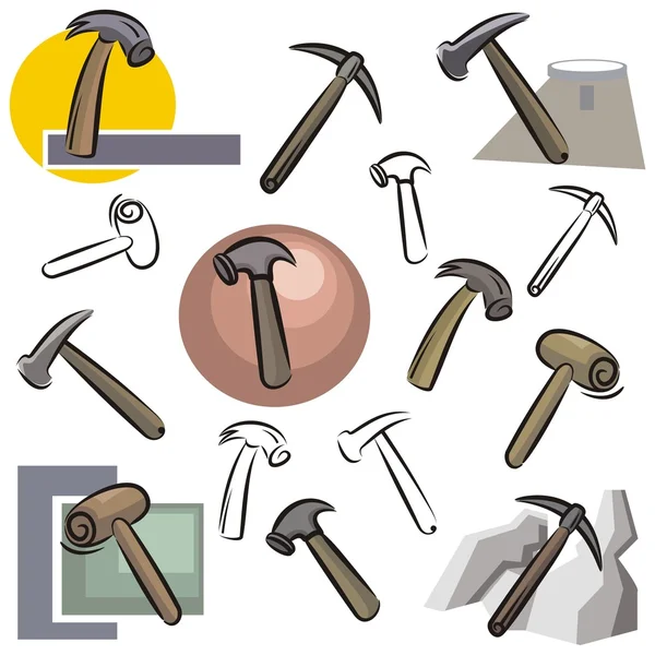 A set of vector icons of hammers in color, and black and white renderings. — Stock Vector