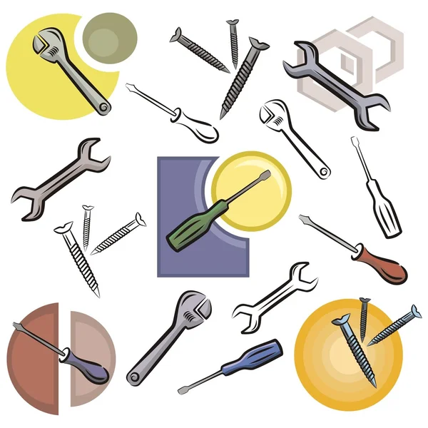 A set of screwdriver, wrench, nail and nut vector icons in color, and black and white renderings. — Stock Vector