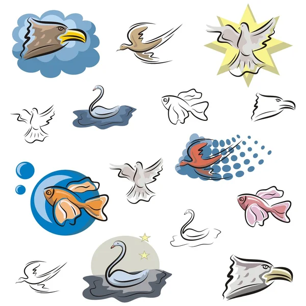 Una serie di icone vettoriali per uccelli e pesci a colori e rendering in bianco e nero . — Vettoriale Stock