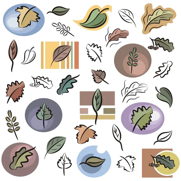Un conjunto de iconos vectoriales de hojas en color, y representaciones en blanco y negro . — Archivo Imágenes Vectoriales