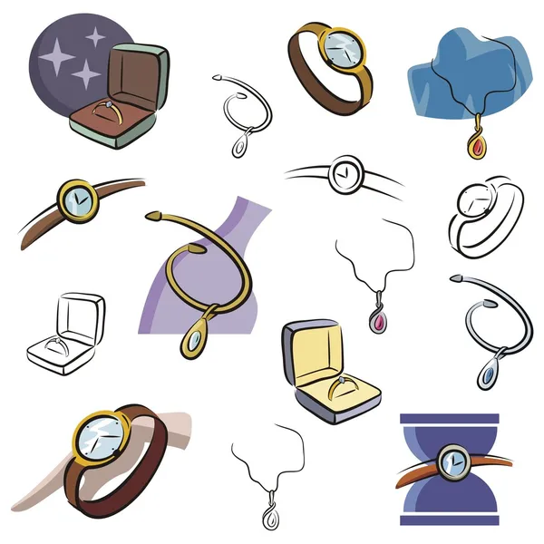 Een set van sieraden en horloge vector iconen in kleur en zwart-wit renderings. — Stockvector