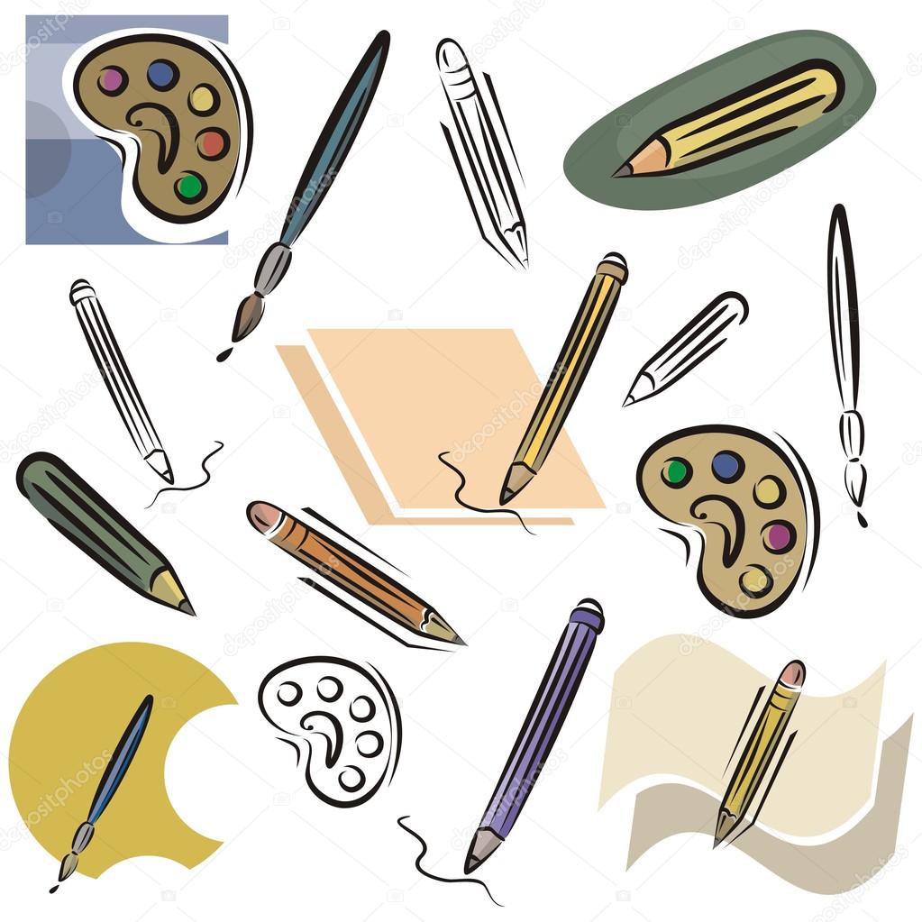 A set of drawing and pencil vector icons in color, and black and white renderings.