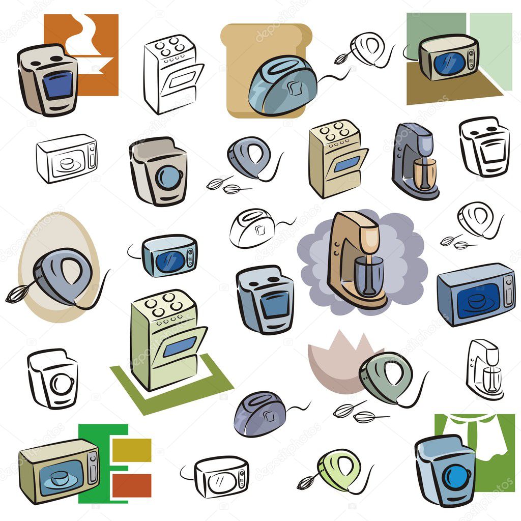 A set of vector icons of kitchen appliances in color, and black and white renderings.