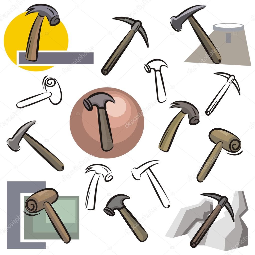 A set of vector icons of hammers in color, and black and white renderings.