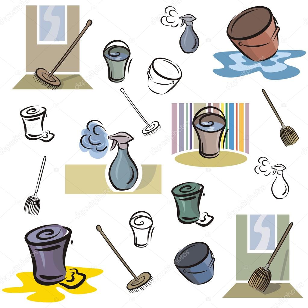 A set of vector icons of washing and cleaning tools in color, and black and white renderings.