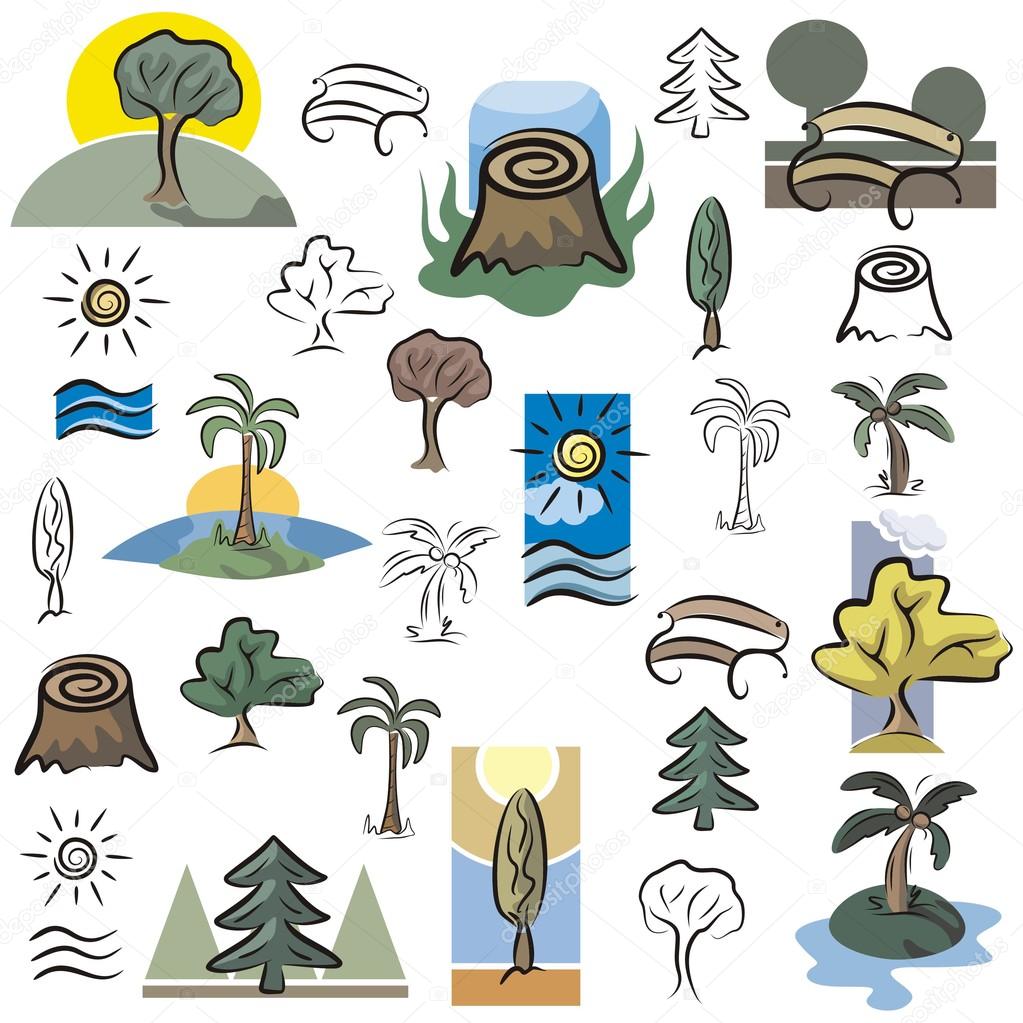 A set of tree and nature scene vector icons in color, and black and white renderings.