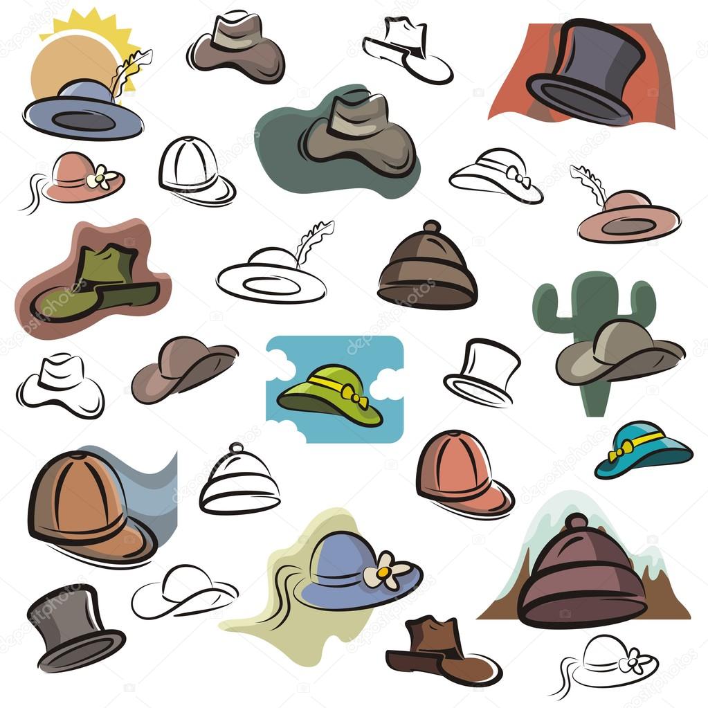 A set of vector icons of hats in color, and black and white renderings.