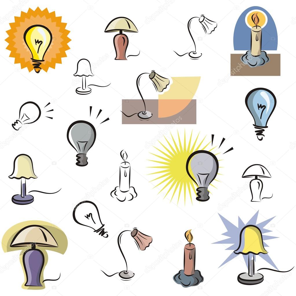 A set of vector icons of lamps and lighting in color, and black and white renderings.