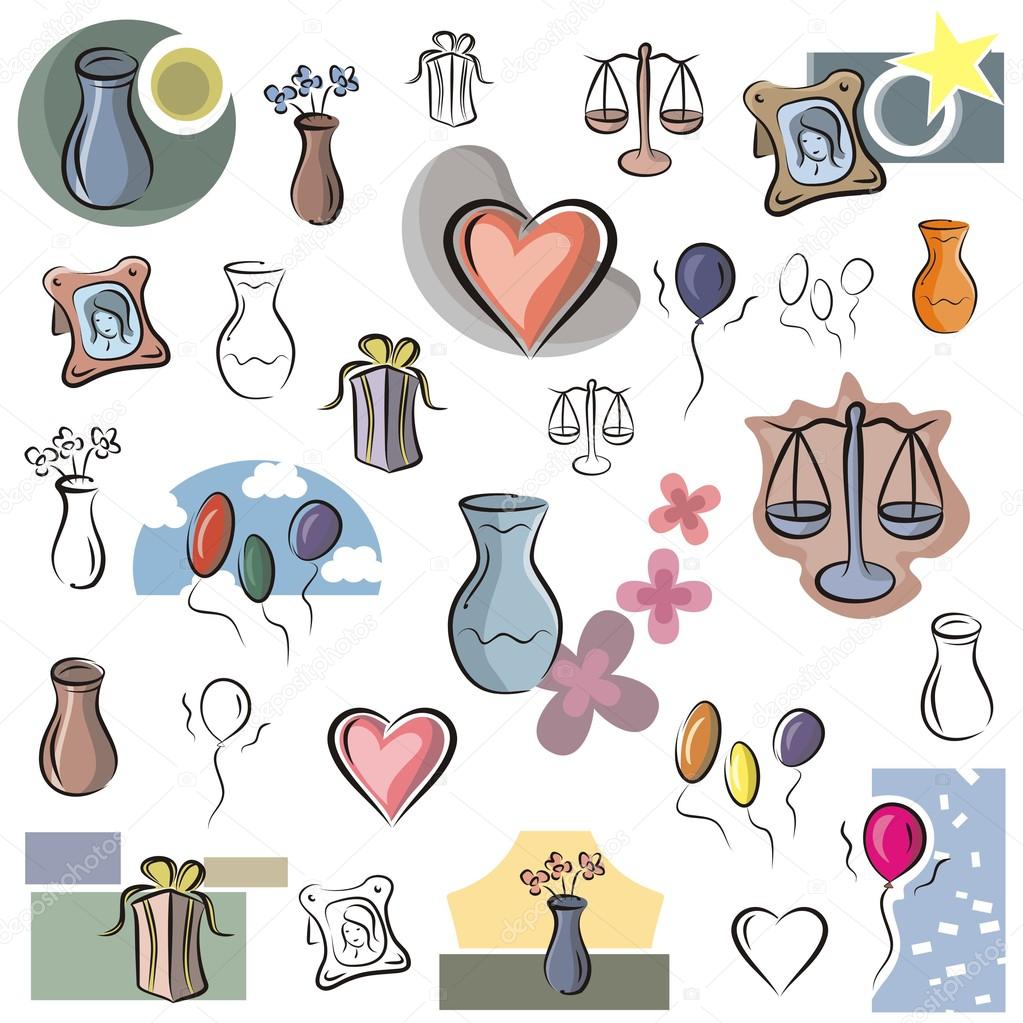 A set of vector icons of vases and other home decorations in color, and black and white renderings.