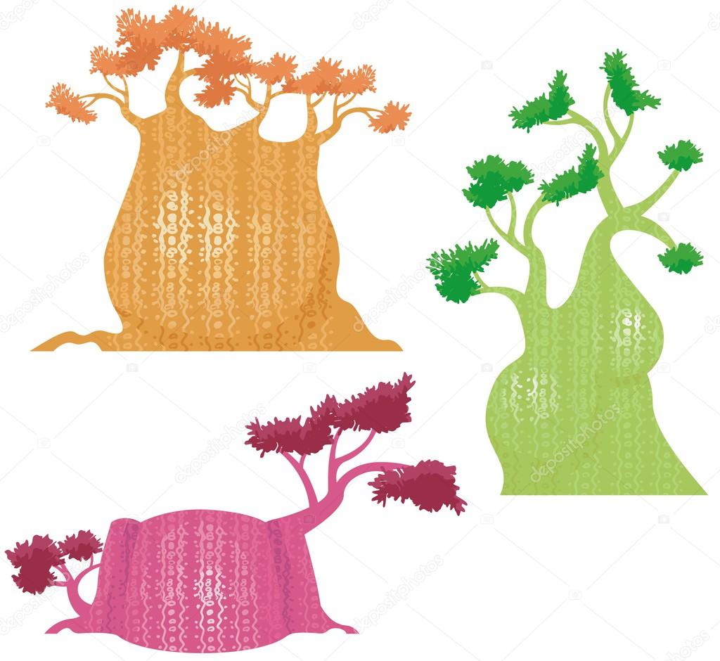 Vector decorative baobab tree designs in a single style.