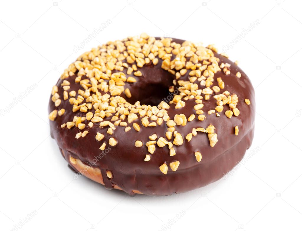 Chocolate donut with nut sprinkles. doughnut isolated on white background. Top view