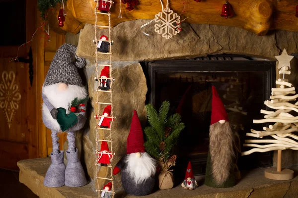 Interior Christmas Fireplace Gifts New Year Decorations — Stock Photo, Image