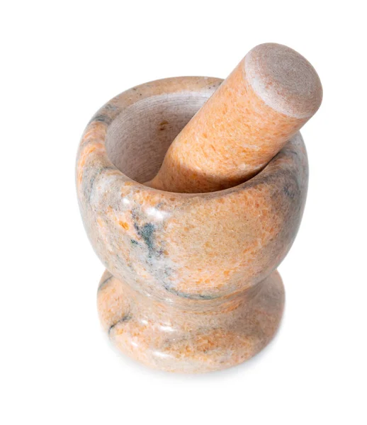 Mortar Pestle Made Pink Granite Isolated White Background — Stock Photo, Image
