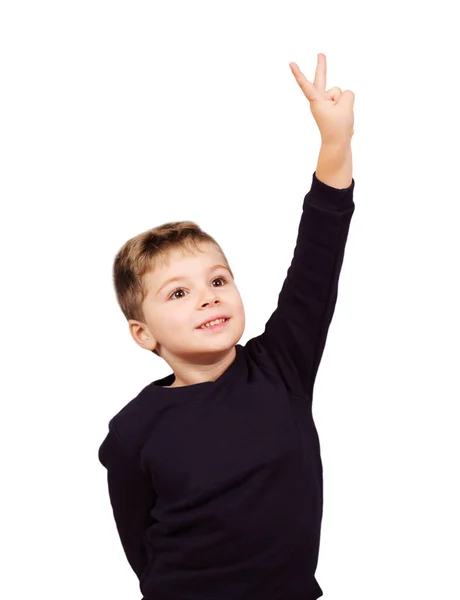 Little Boy Make Victory Sign Isolated White Background Stock Picture