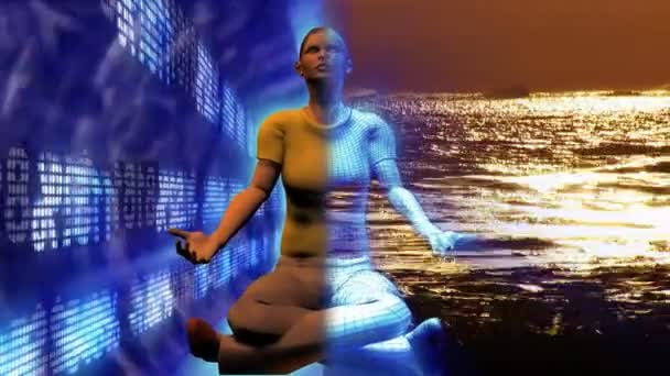 Digital human in Buddha position. Concept of stress and relax in business — Stock Video