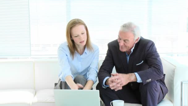 Businesswoman and senior businessman working with a laptop — Stock Video