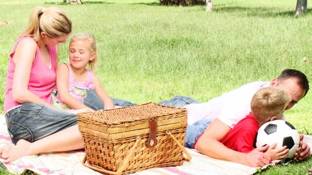 Ouders en kinderen op een park na een picknick — Stockvideo